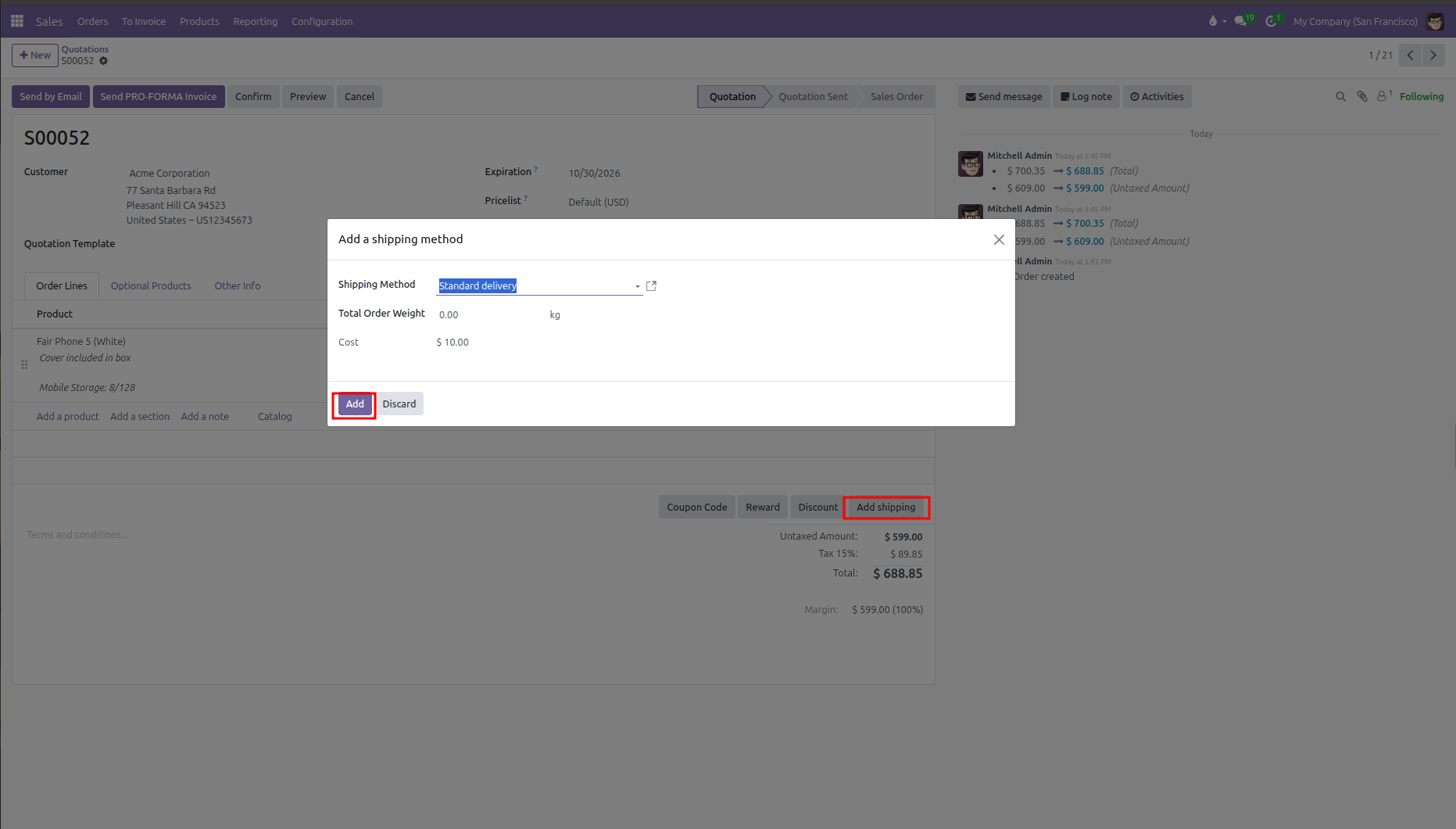 Sales quotation showing Add shipping button and Add a shipping method modal with Add button highlighted
