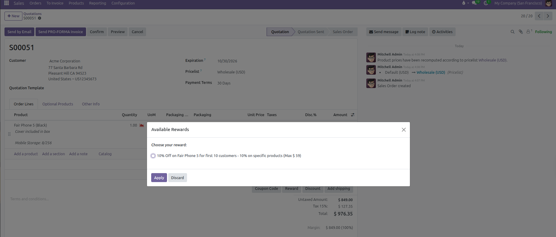 Quotation form with Available Rewards modal open showing eligible promotional reward selection