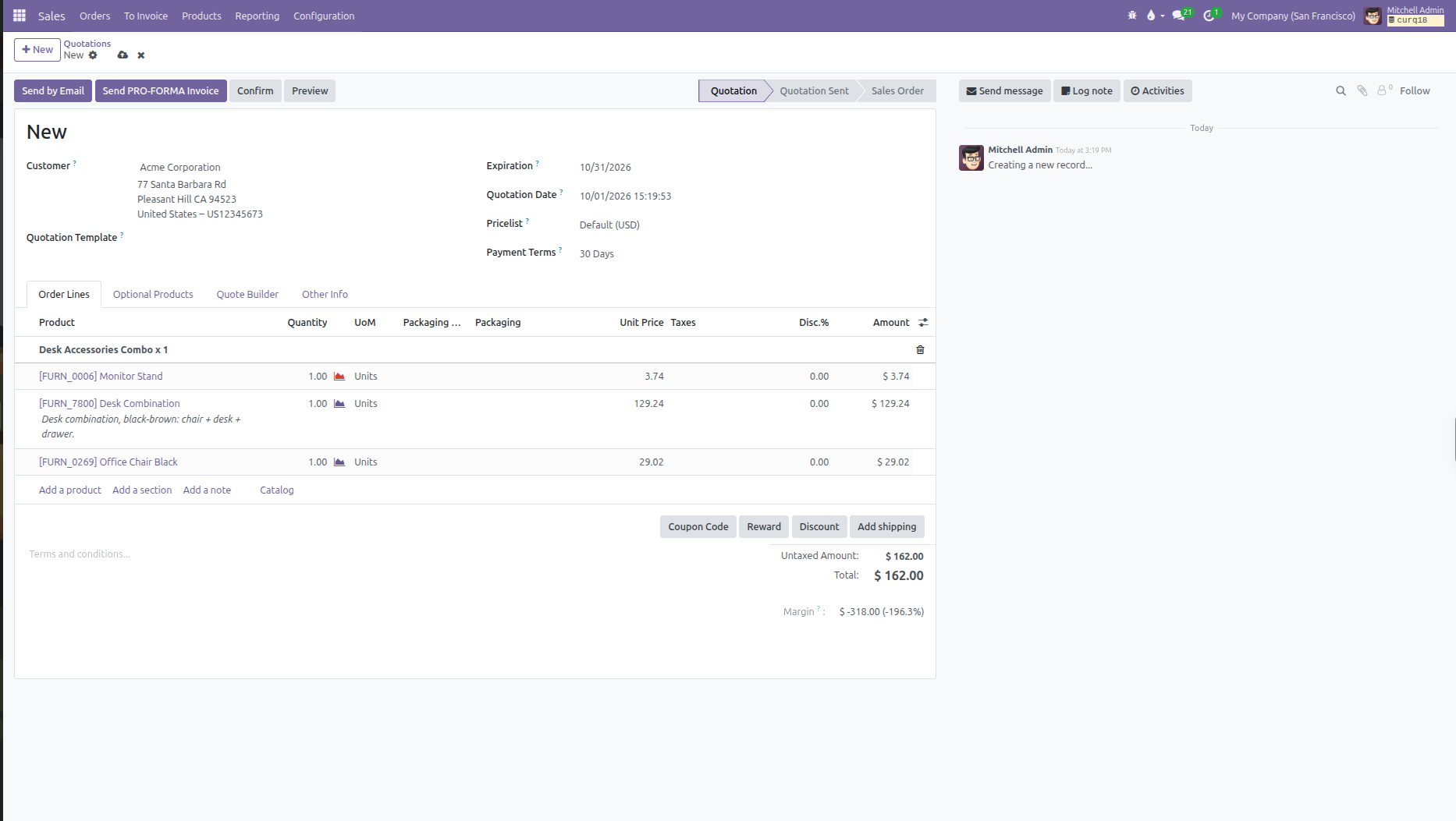 Sales order lines showing parent combo line followed by linked child components with prorated prices