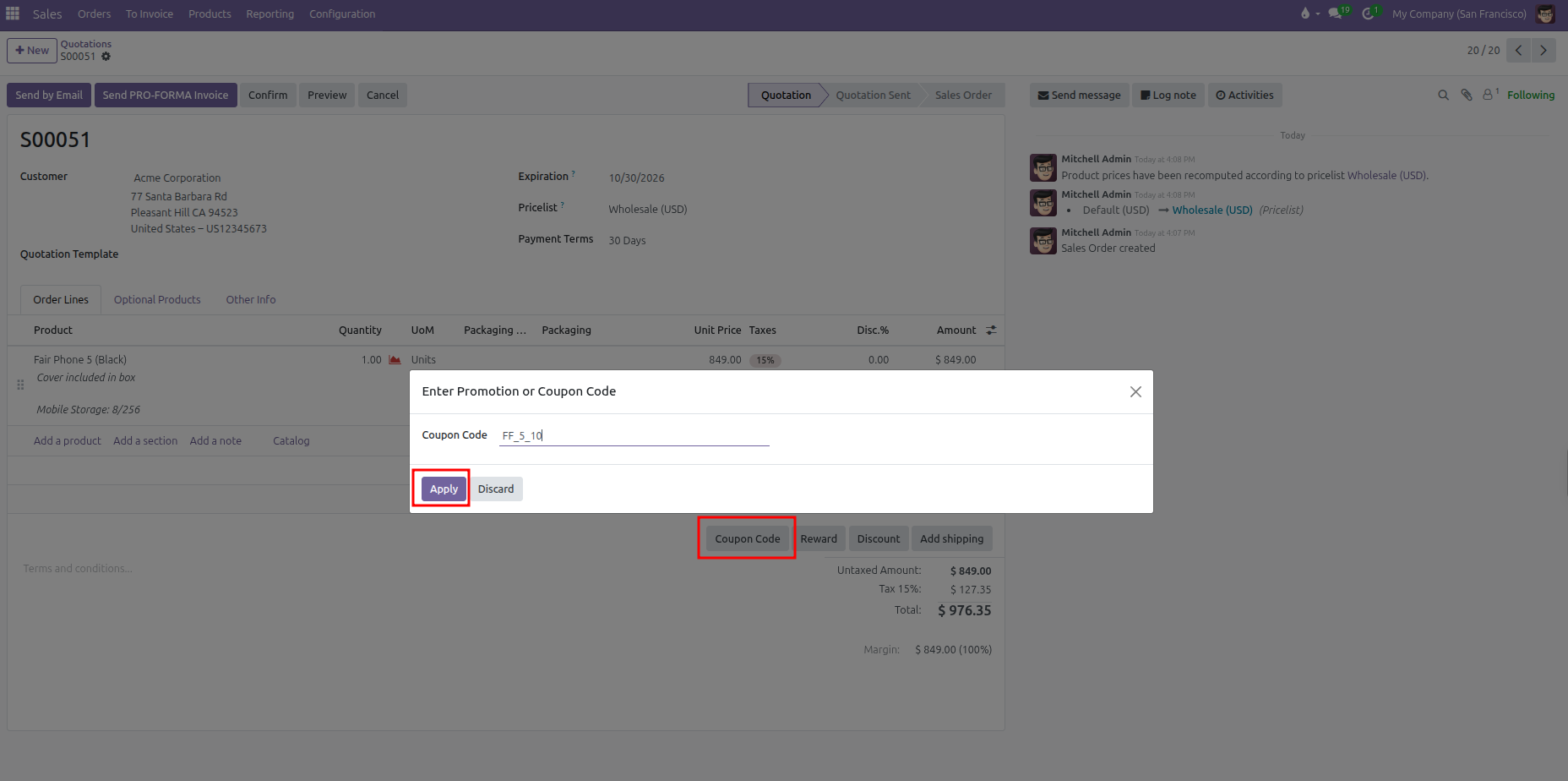 Quotation form with Enter Promotion or Coupon Code modal open showing code entry and Apply action