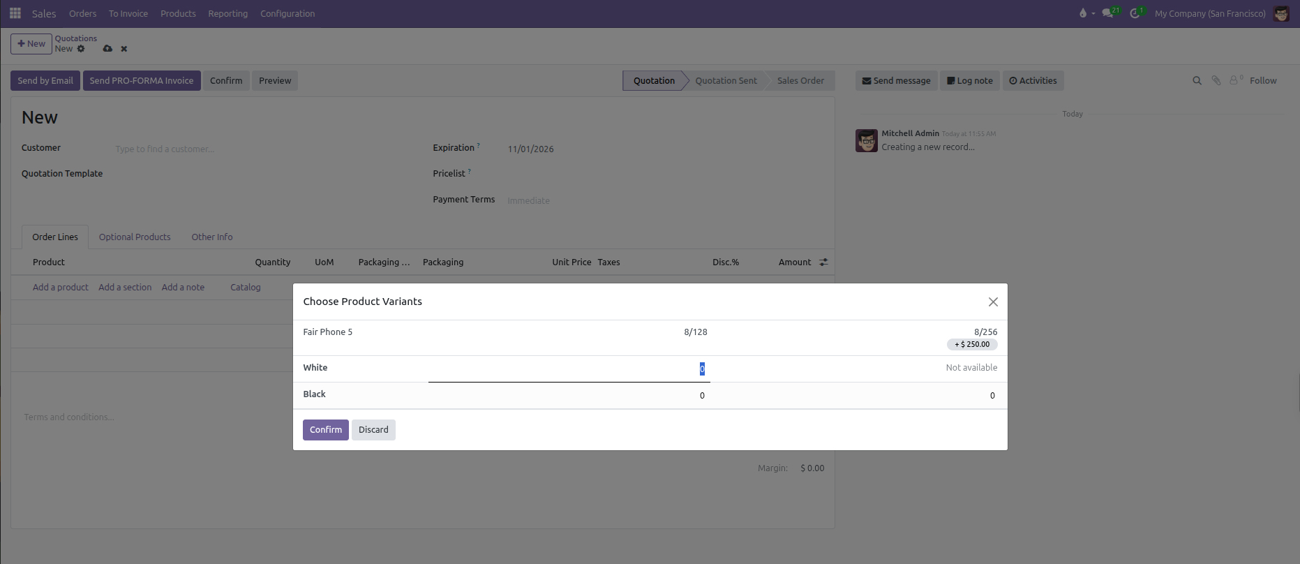 Choose Product Variants modal showing Order Grid Entry with rows and columns, price surcharges, and excluded combinations