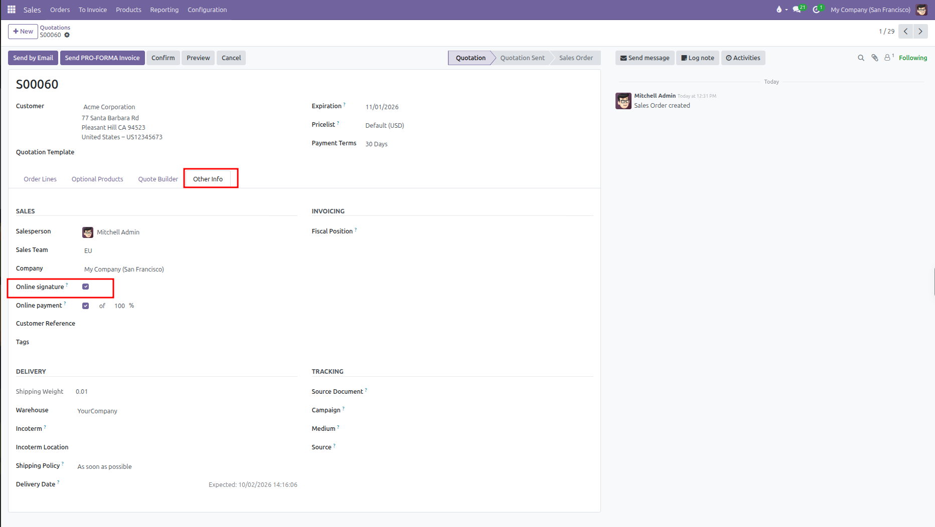 Draft quotation Other Info tab showing Online signature highlighted in red box alongside Online payment