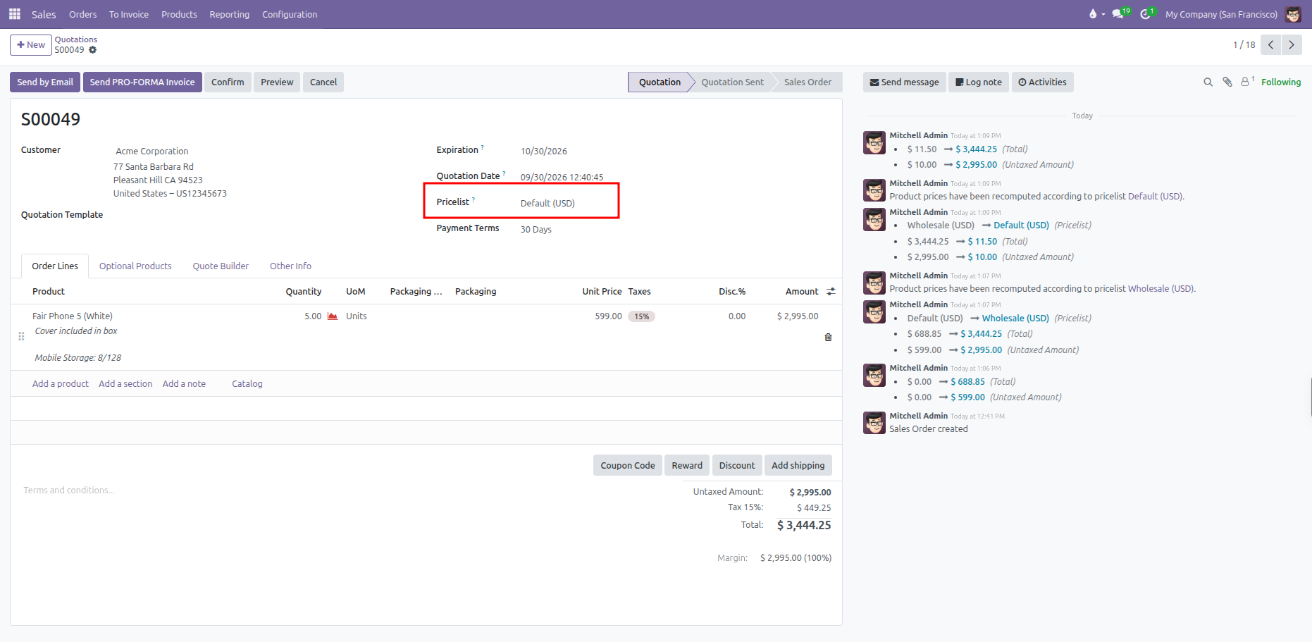 Quotation form showing pricelist selection and automated price recomputation logged in the chatter