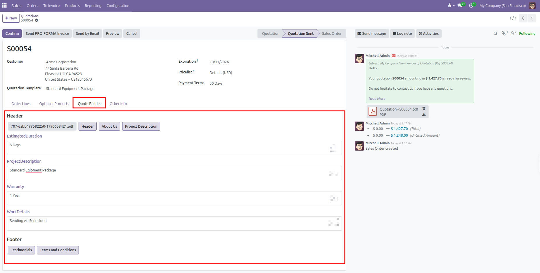 Quotation form showing Quote Builder tab with active headers, footers, and customizable dynamic fields