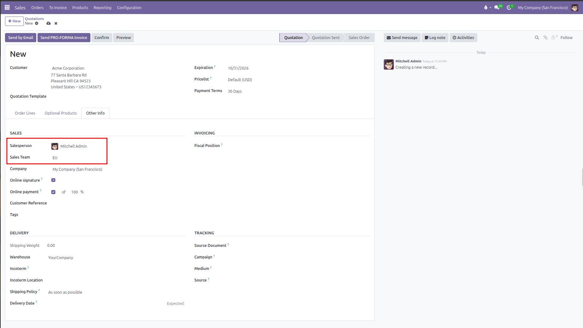 Quotation Other Info tab showing Salesperson and Sales Team fields highlighted