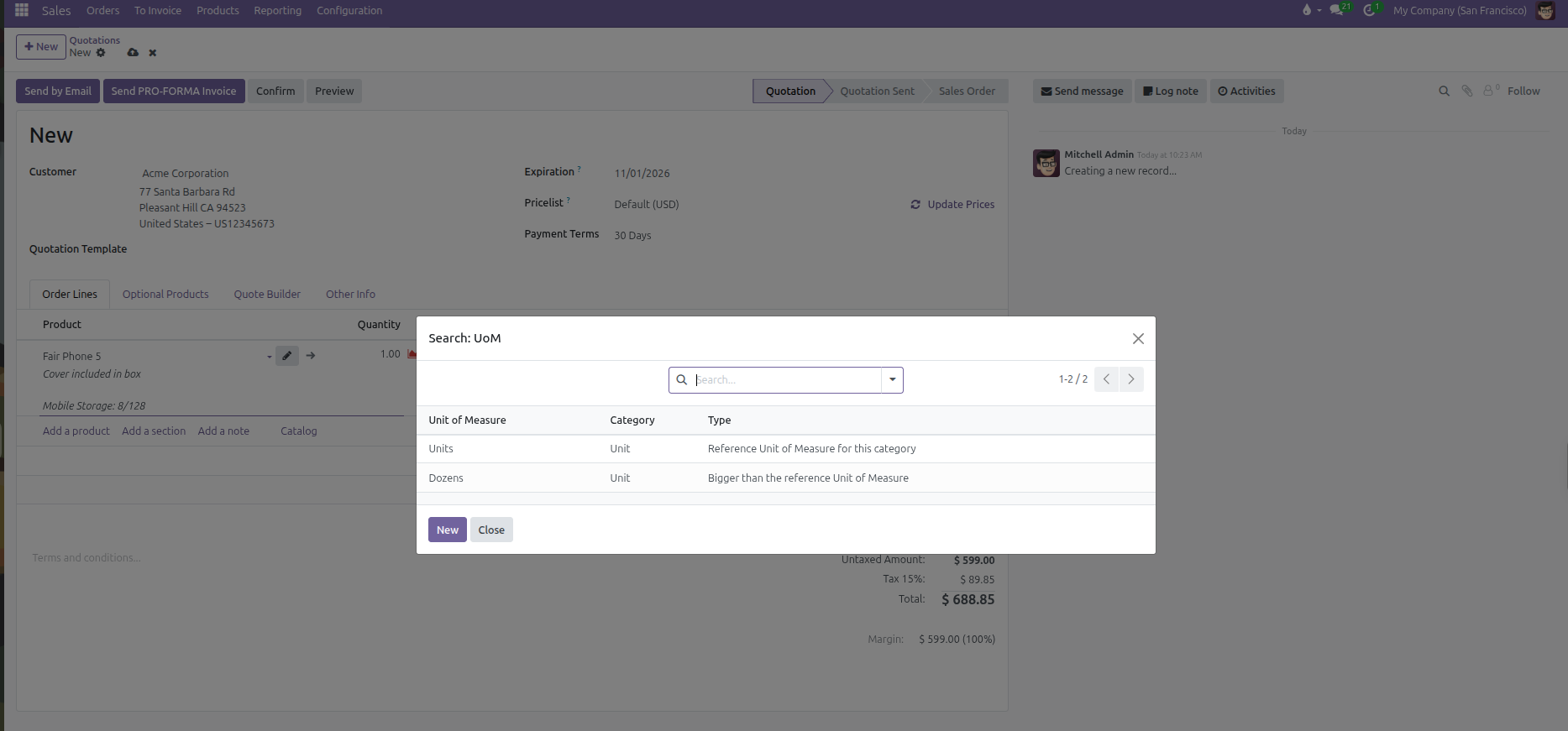 Quotation Search UoM modal showing available units in the category