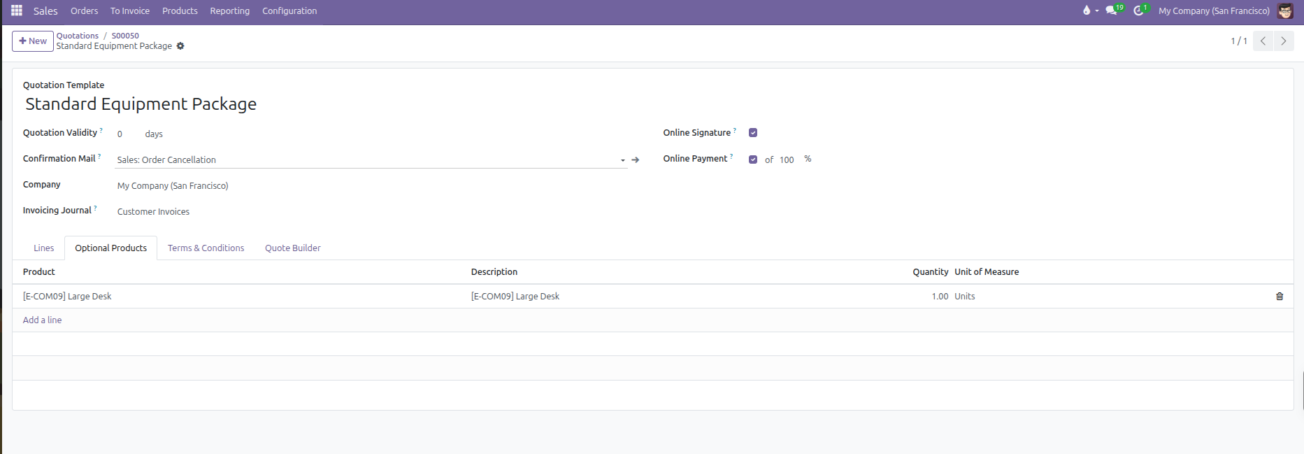 Quotation template form Optional Products tab showing cross-sell item and online confirmation settings
