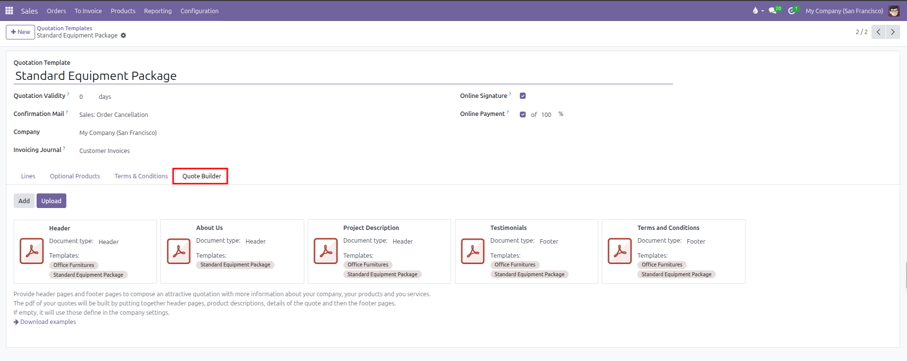 Quotation Template form showing the Quote Builder tab with attached header and footer cards