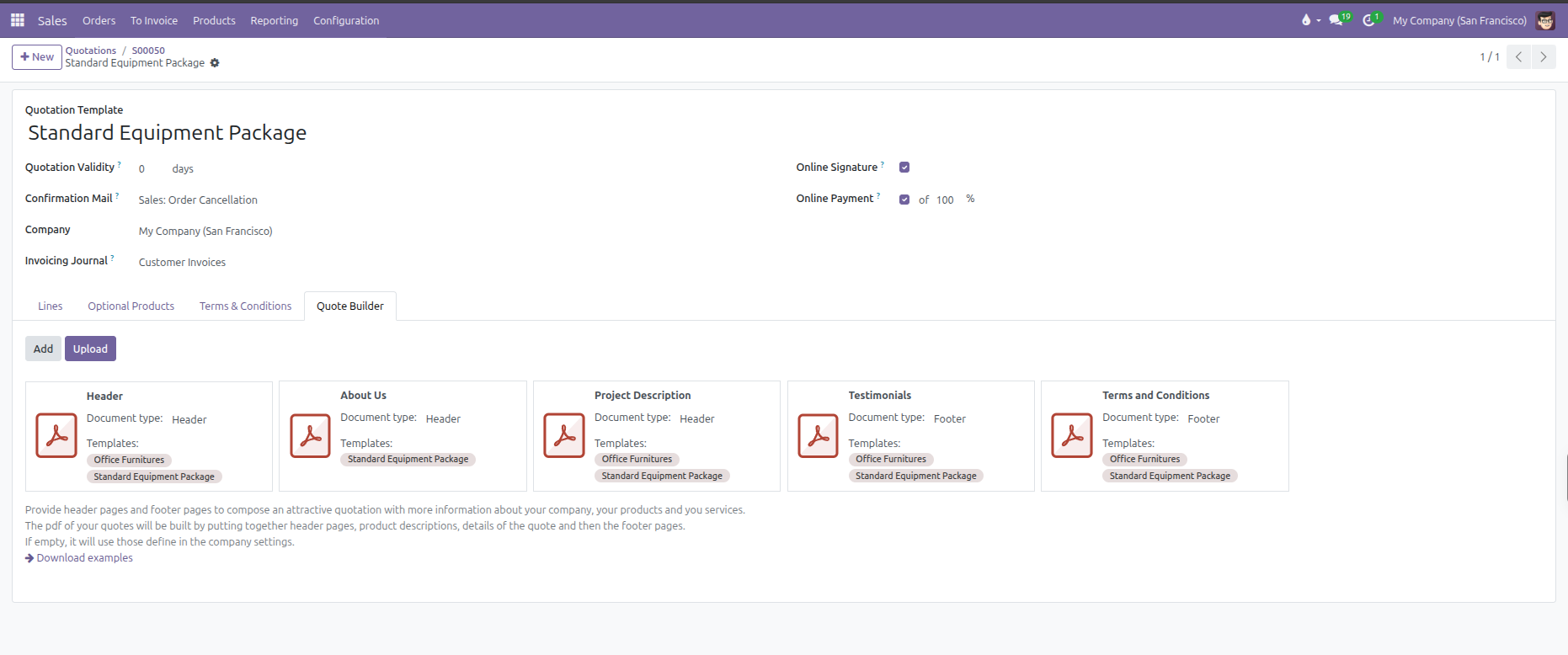 Quote Builder tab showing attached header and footer PDF documents