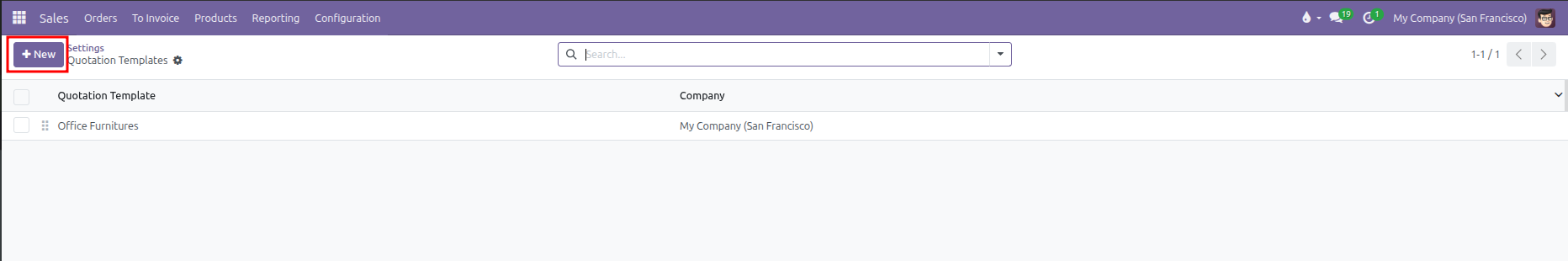 Quotation Templates list view with New button highlighted
