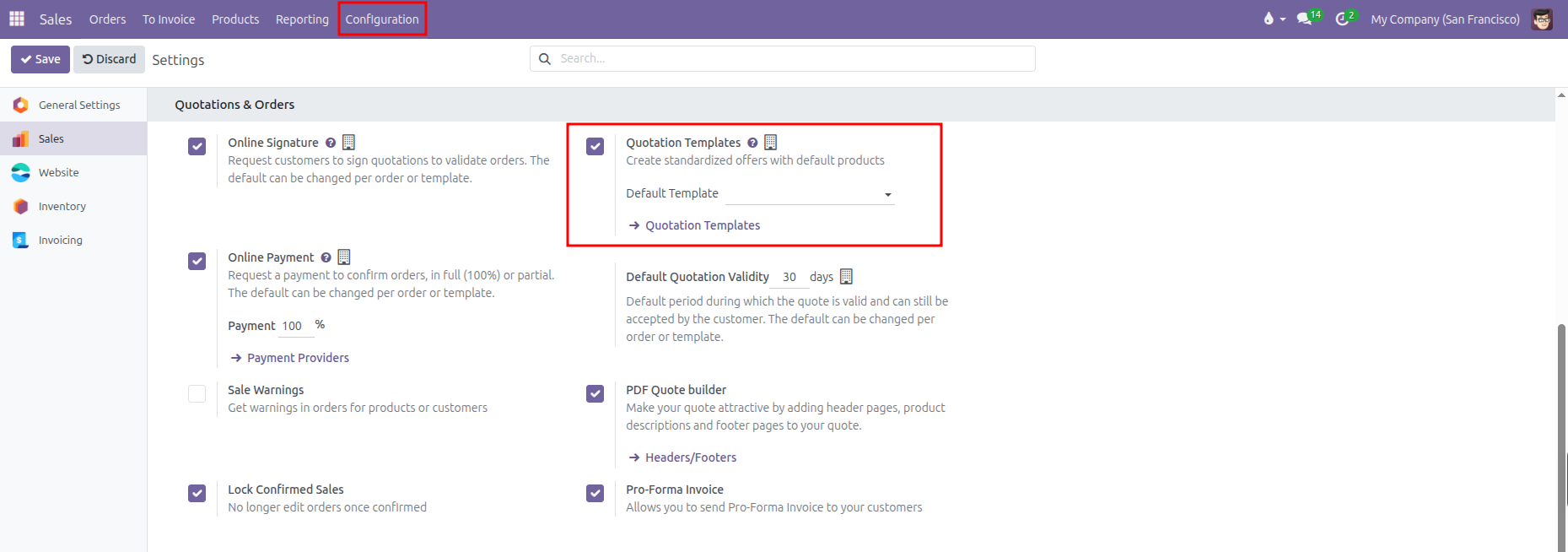 Enable Quotation Templates in Sales settings