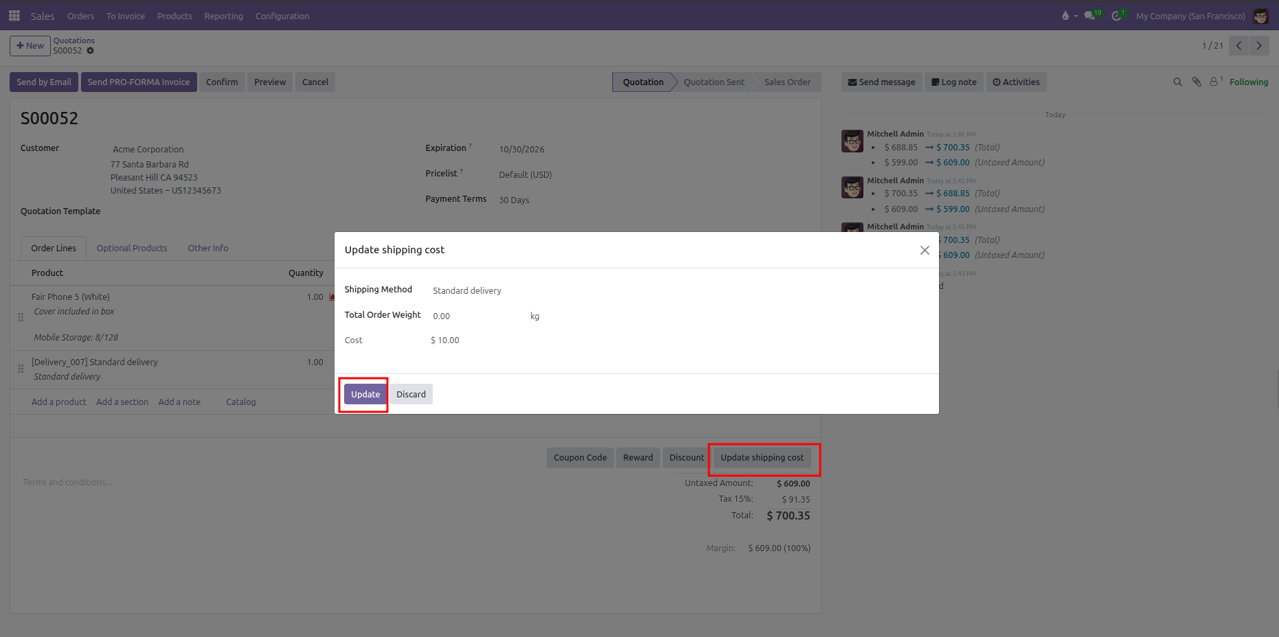 Sales quotation showing Update shipping cost button and Update shipping cost modal with Update button highlighted