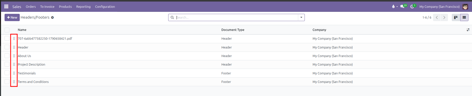 Headers and Footers list view with sequence drag handles highlighted