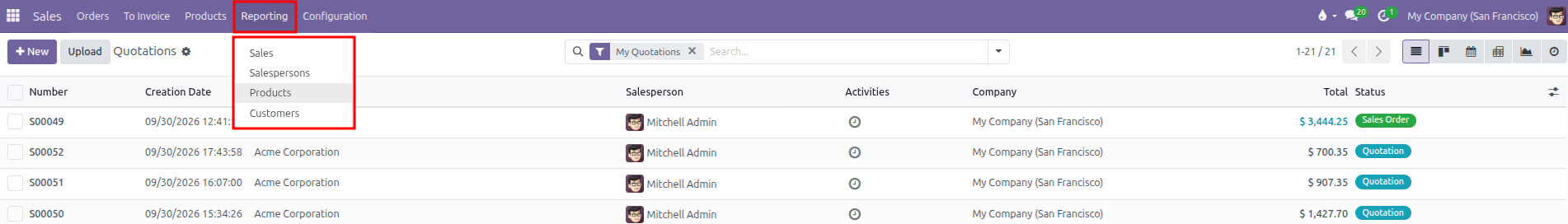 Reporting navigation dropdown menu showing Sales, Salespersons, Products, and Customers
