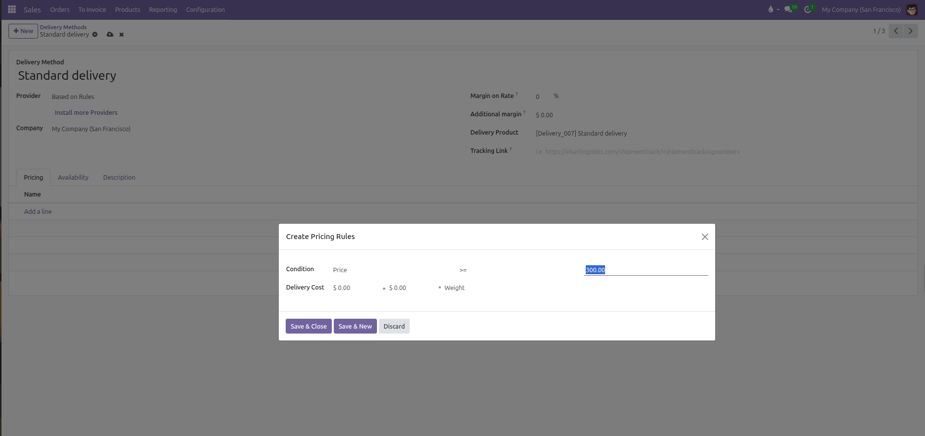 Rule-based delivery method configuration form showing pricing tab and Create Pricing Rules modal