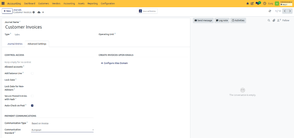 Sales Journal Advanced Settings