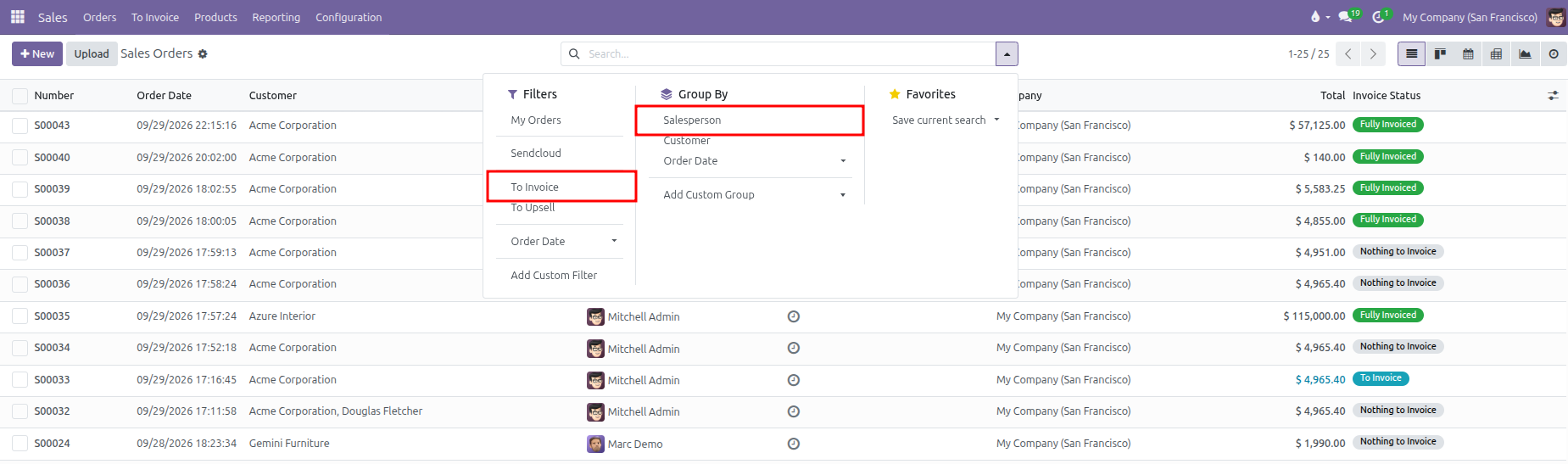 Sales orders list showing To Invoice filter and Salesperson group by options