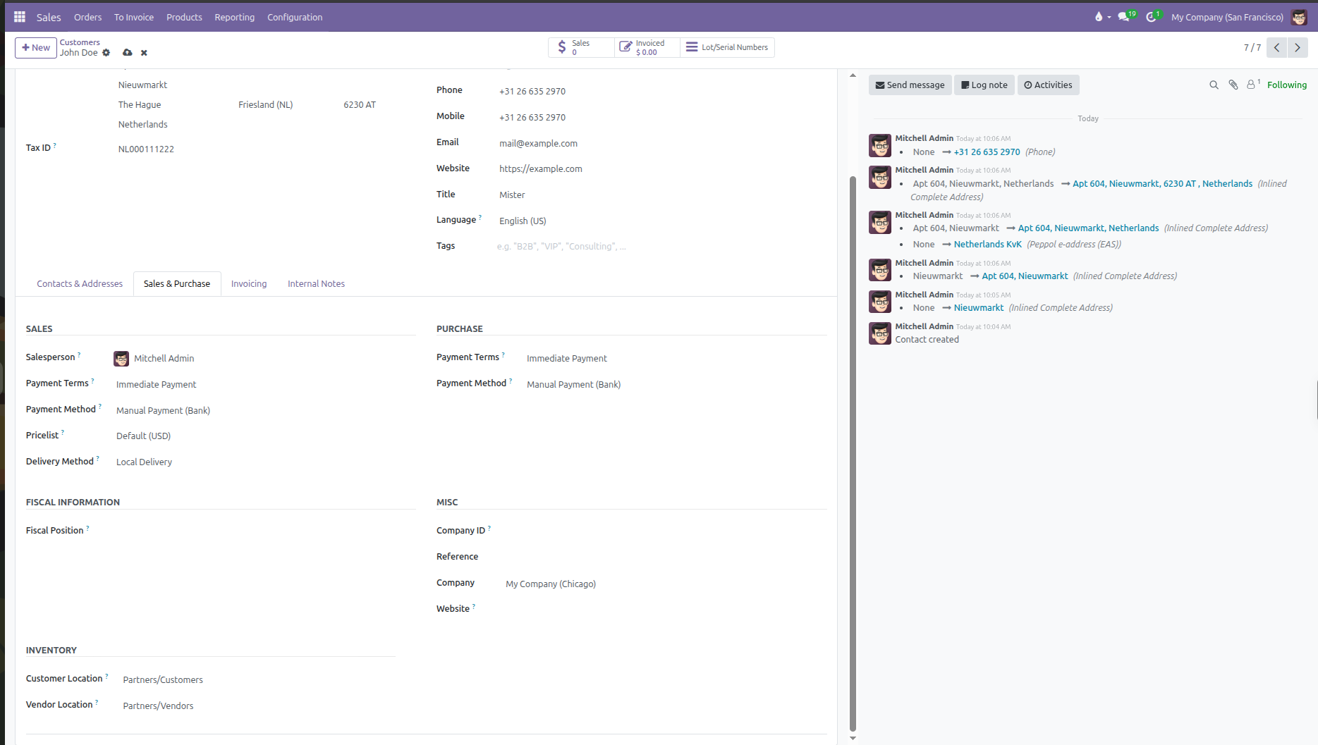 Sales and Purchase tab options on customer form