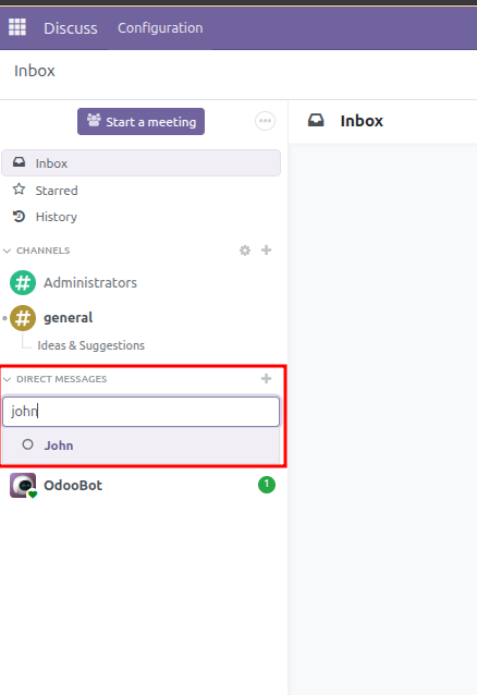Direct Messages search input showing matching colleague suggestion