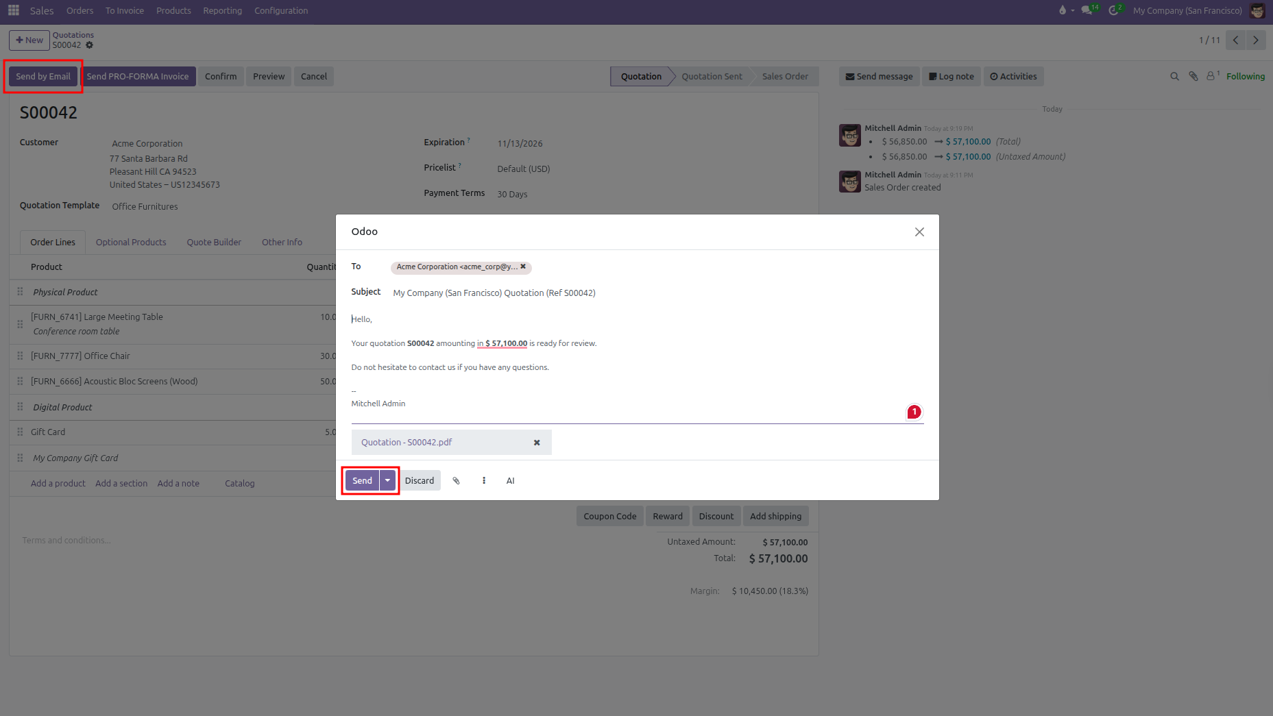 Send quotation by email composer pop up