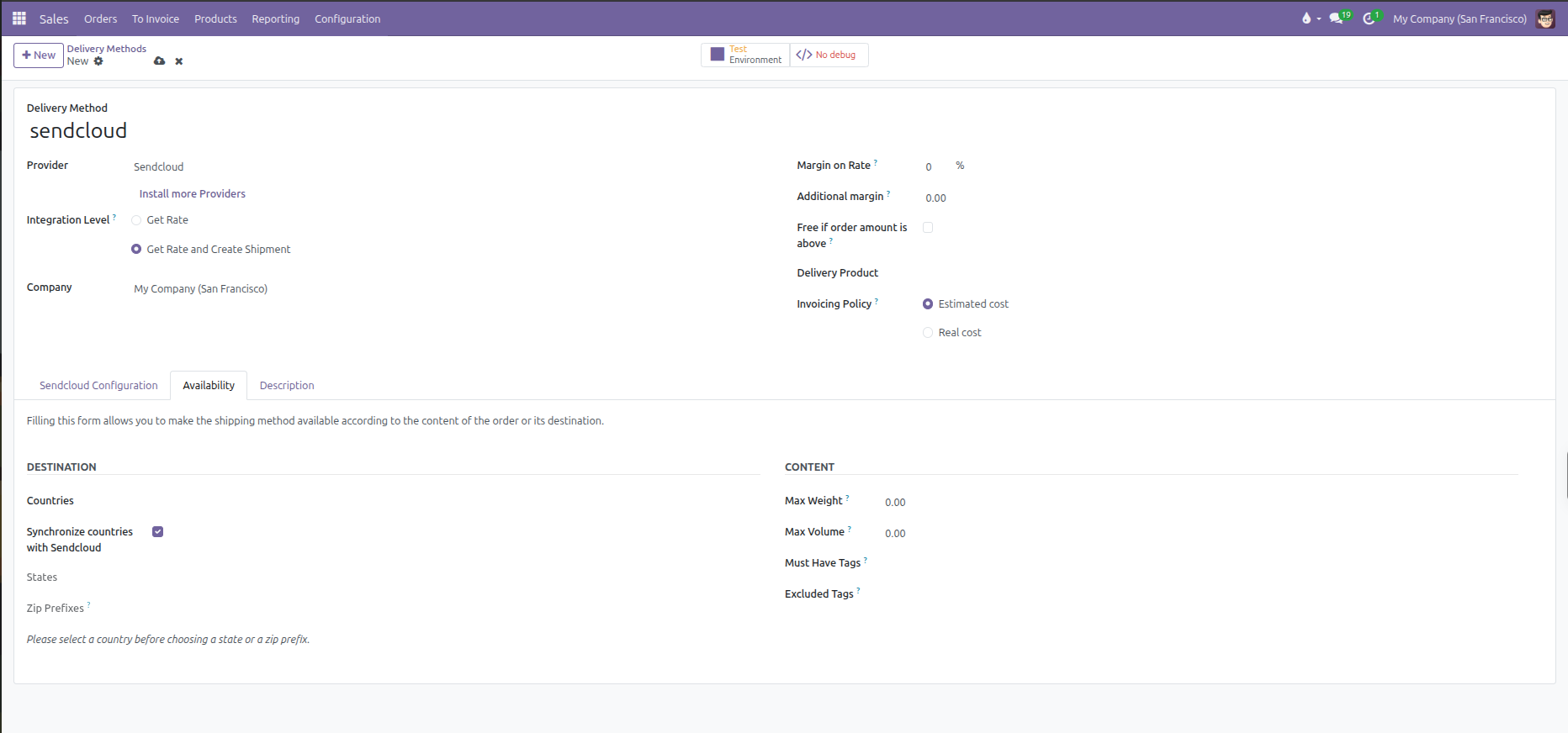 Sendcloud delivery carrier availability tab showing Synchronize countries with Sendcloud option