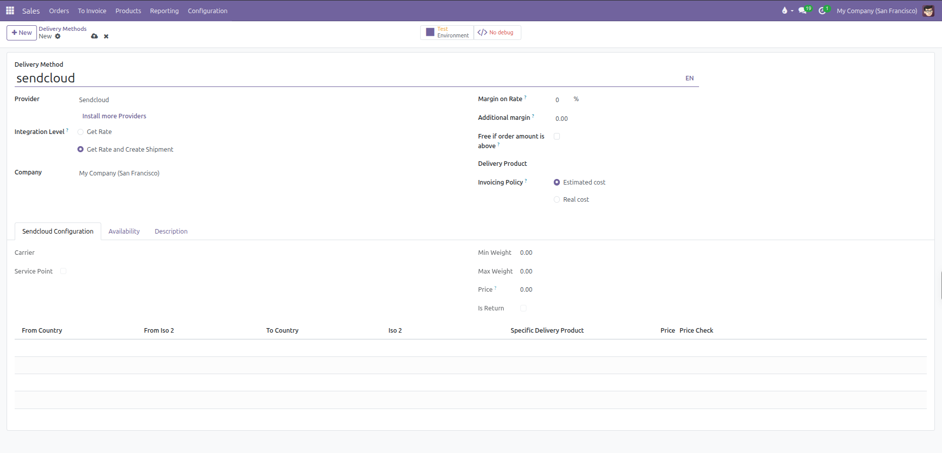 Sendcloud delivery carrier configuration form showing integration level, margins, and Sendcloud Configuration tab