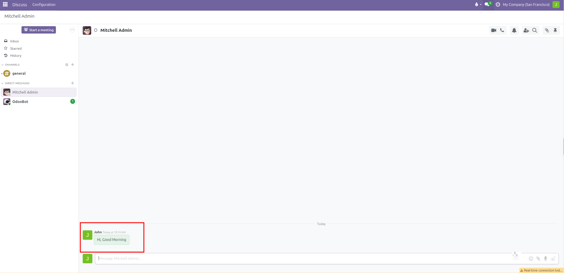 Direct message conversation pane showing sent message bubble with author and timestamp