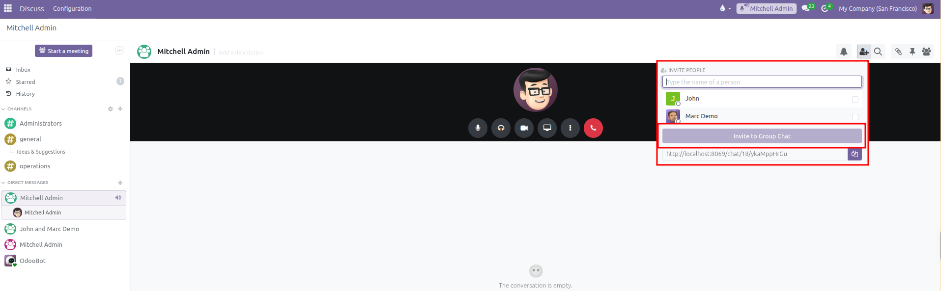 Active instant call with the Invite People popover open showing teammate list and shareable meeting link
