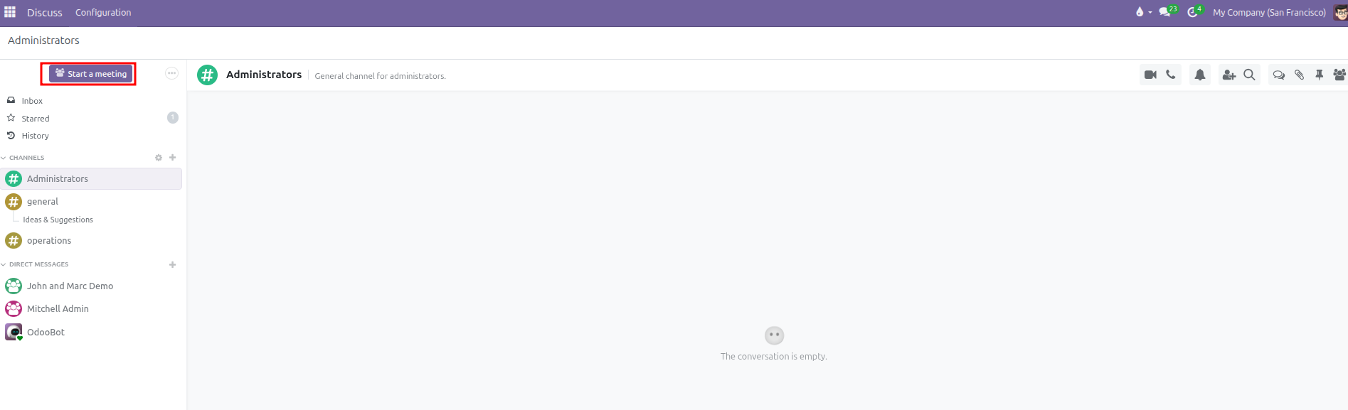 Discuss sidebar highlighting the purple Start a meeting button at the top