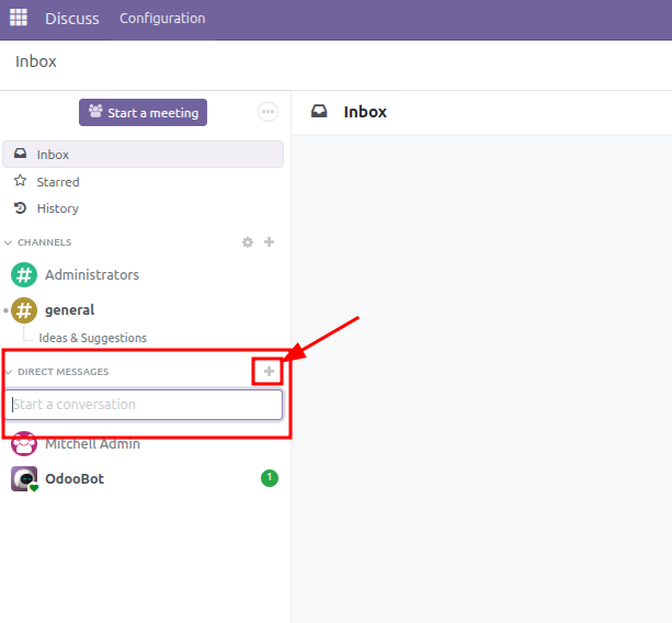 Direct Messages section in the sidebar highlighting the plus icon and conversation input