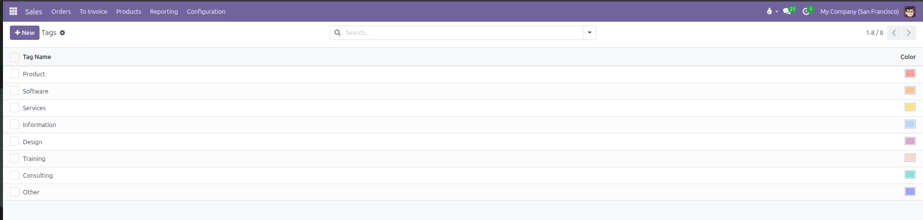 Tags list view displaying tag names and associated color indicators
