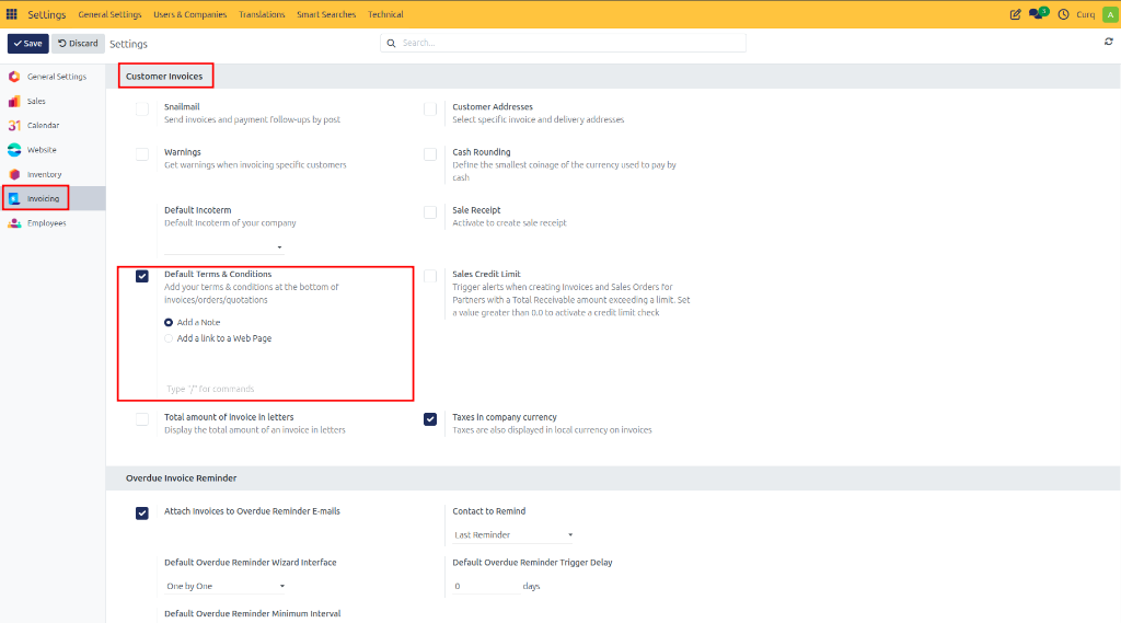 Default Terms and Conditions Configuration