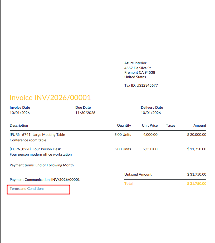 Terms and Conditions on PDF Invoice