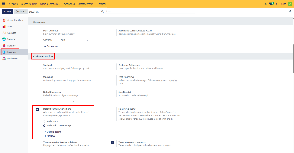Terms and Conditions Web Page Configuration