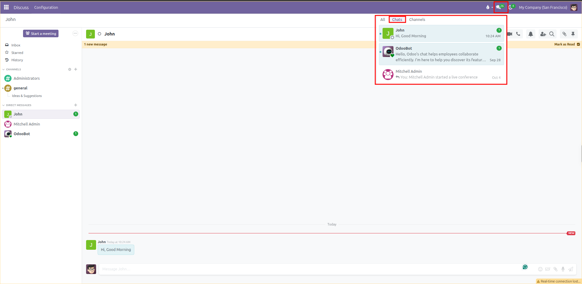 Top bar chat bubble menu showing recent direct chats and channels dropdown