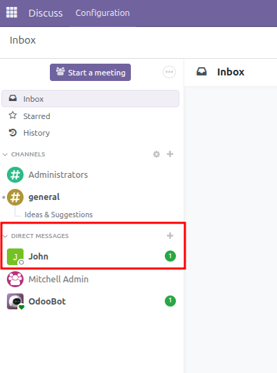 Direct messages sidebar list showing unread message counter next to colleague name