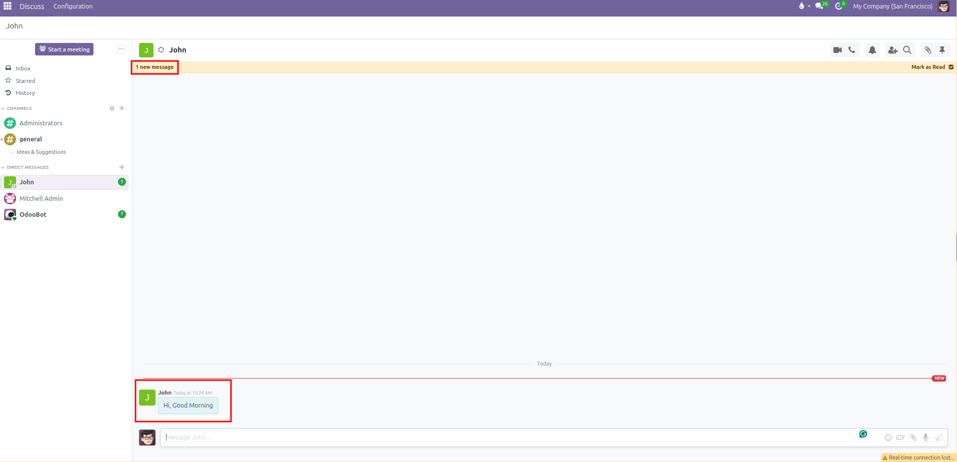 Direct message pane showing the new message notification banner and mark as read action
