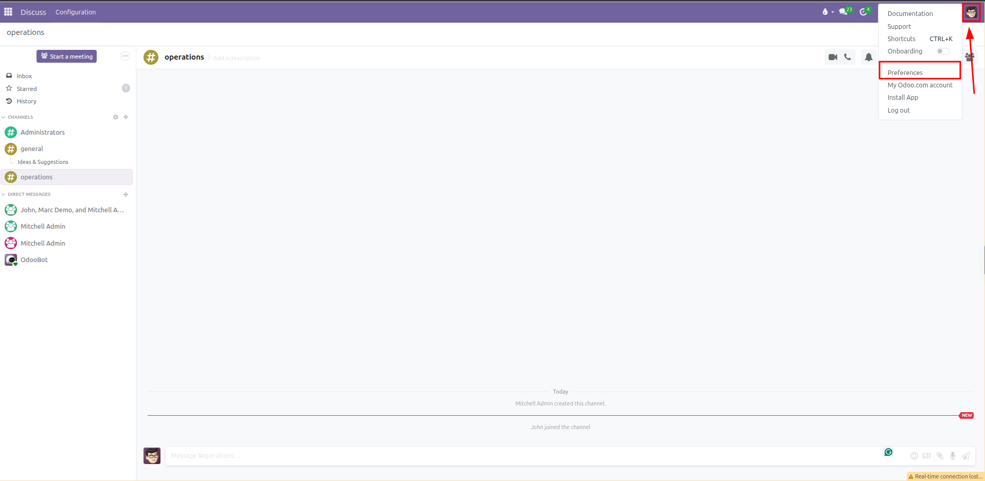 User menu at the top right highlighting the Preferences option