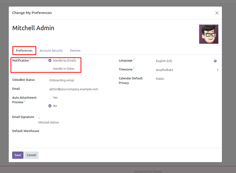 Change My Preferences dialog highlighting the Preferences tab and Notification delivery options