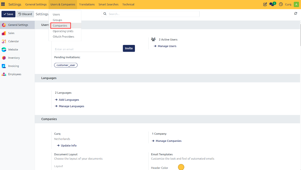 Users & Companies Menu