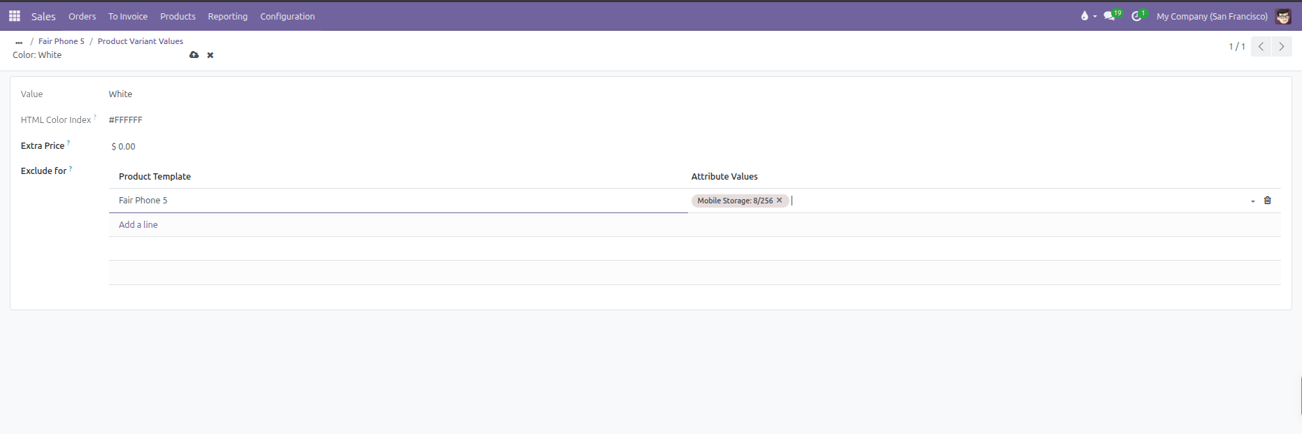Product variant value detail form showing extra price and exclude for table
