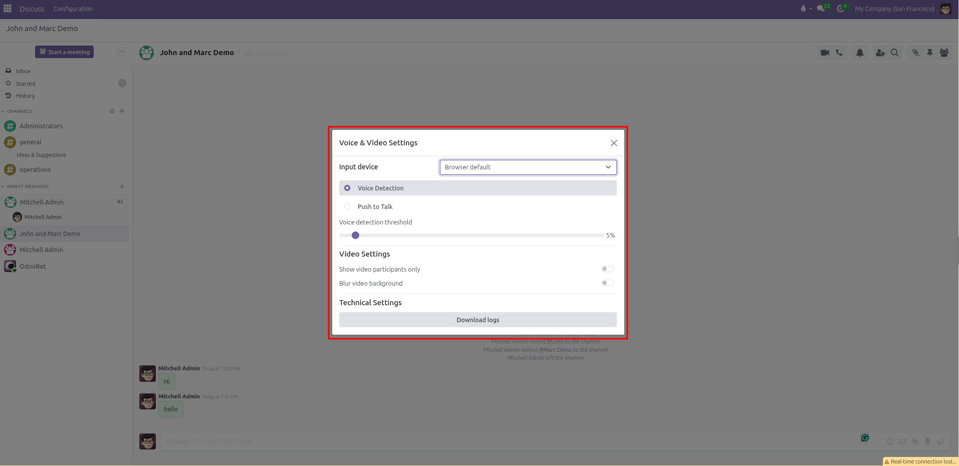 Voice and Video Settings dialog showing input device, voice detection slider, video settings, and download logs